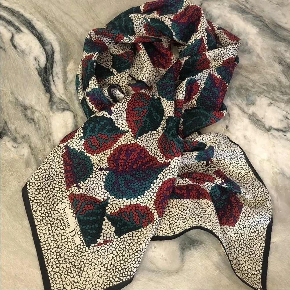 Vtg Christian Dior Silk Scarf Logo Fall Leaves Classic Echarpes 34 X 34 square - Picture 4 of 11